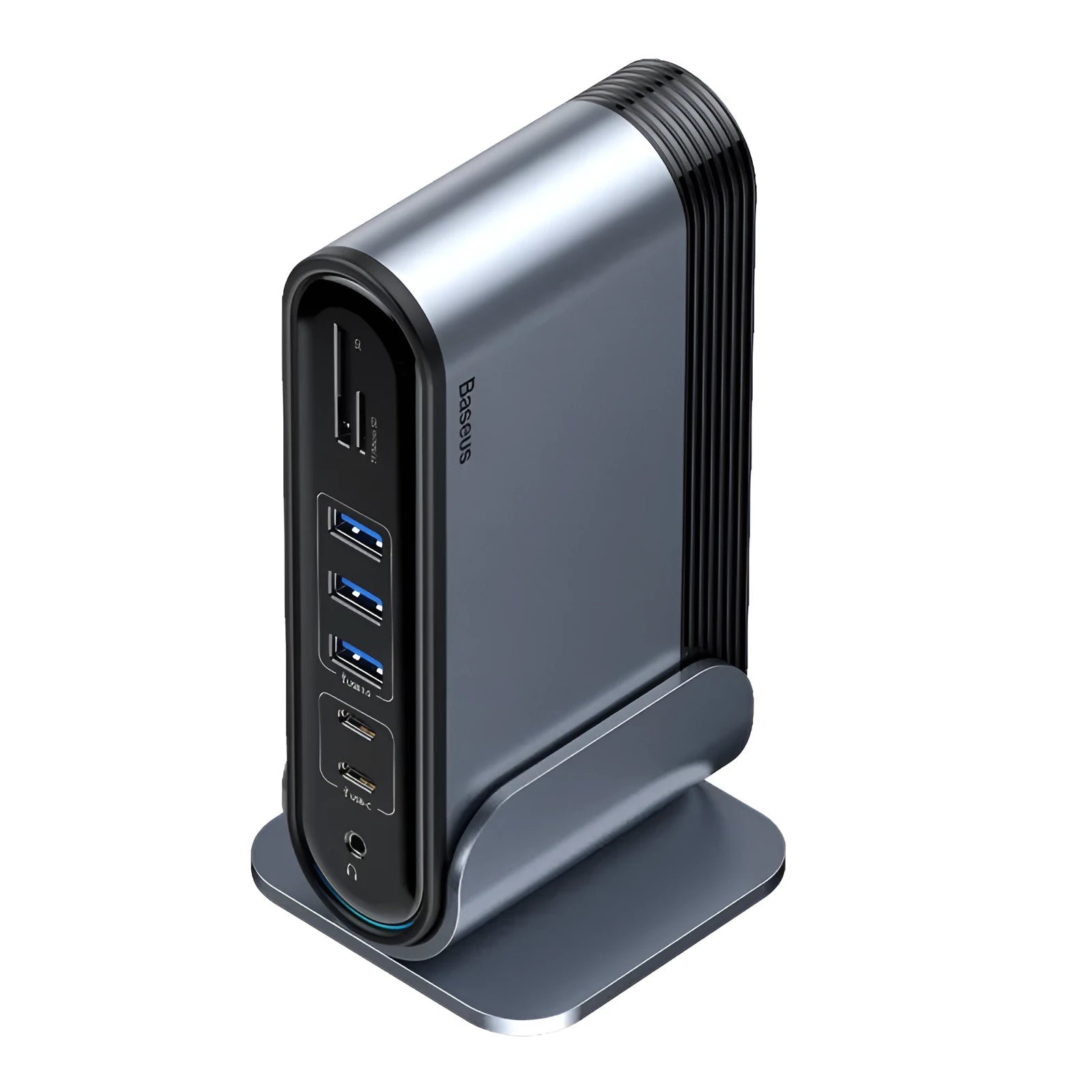 Deep space grey 16-in-1 USB-C docking station hub with multiple ports and external power supply on a desk.