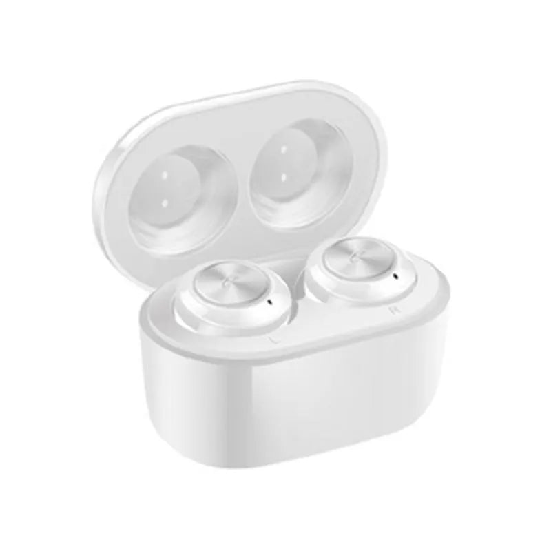 Black and white A6 TWS Bluetooth wireless earbuds with noise cancelling feature.
