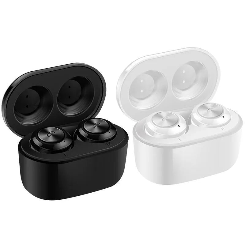 Black and white A6 TWS Bluetooth wireless earbuds with noise cancelling feature.