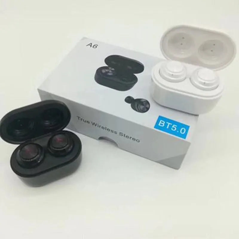 Black and white A6 TWS Bluetooth wireless earbuds with noise cancelling feature.