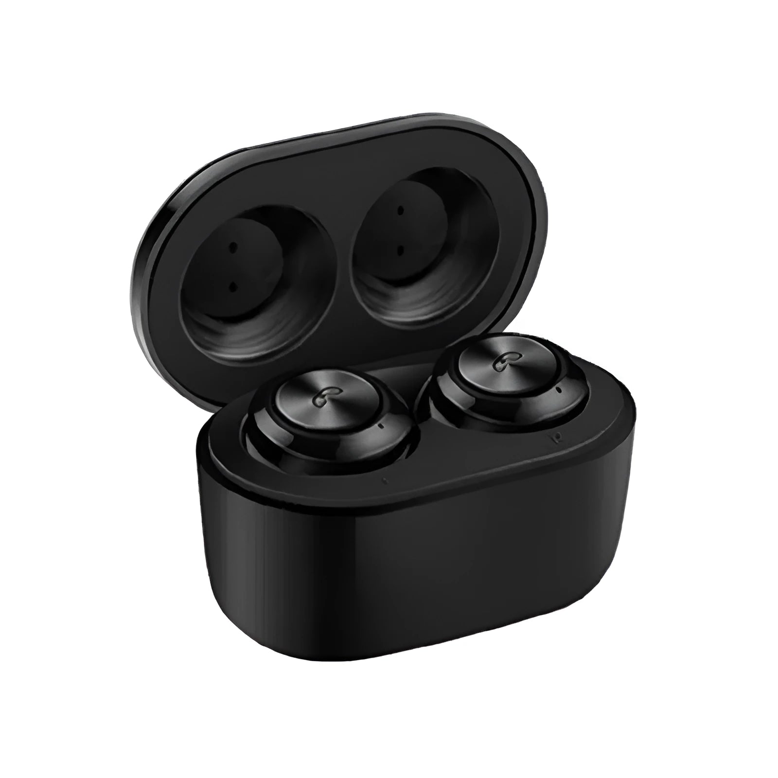 Black and white A6 TWS Bluetooth wireless earbuds with noise cancelling feature.