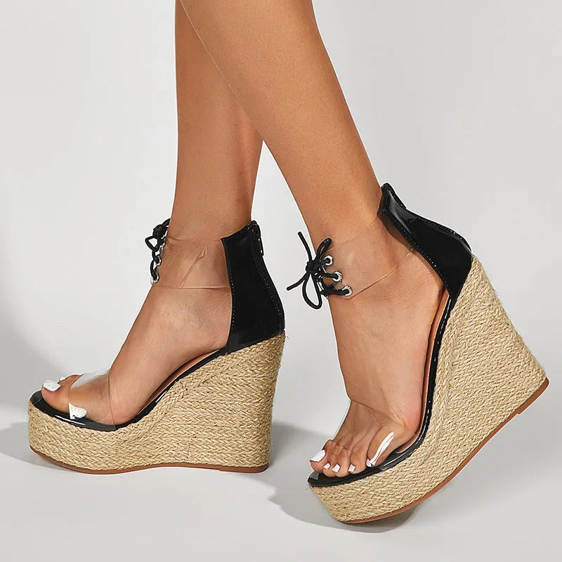 Women's black hemp rope wedge sandals with super high 8cm heel and front tie closure