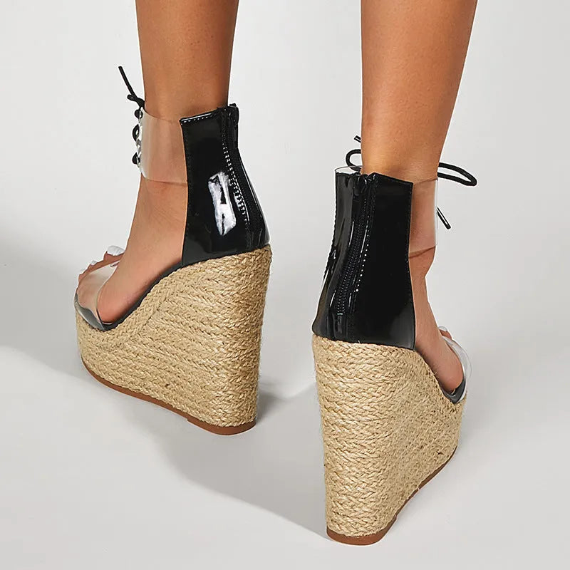 Women's black hemp rope wedge sandals with super high 8cm heel and front tie closure