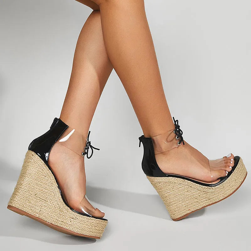 Women's black hemp rope wedge sandals with super high 8cm heel and front tie closure