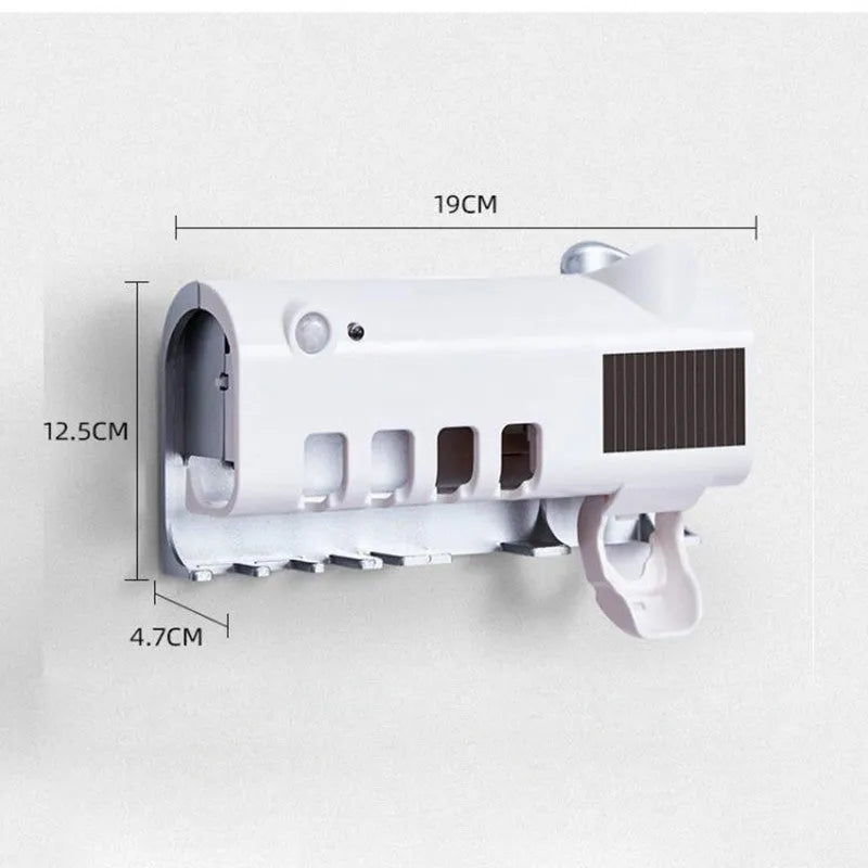 Black wall-mounted UV toothbrush steriliser with automatic toothpaste dispenser and solar panel.