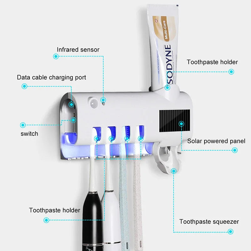 Black wall-mounted UV toothbrush steriliser with automatic toothpaste dispenser and solar panel.