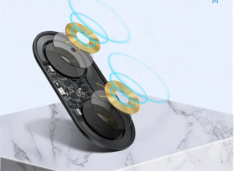 Baseus minimalist 2-in-1 wireless charger for phones and AirPods in black, transparent, and white colours