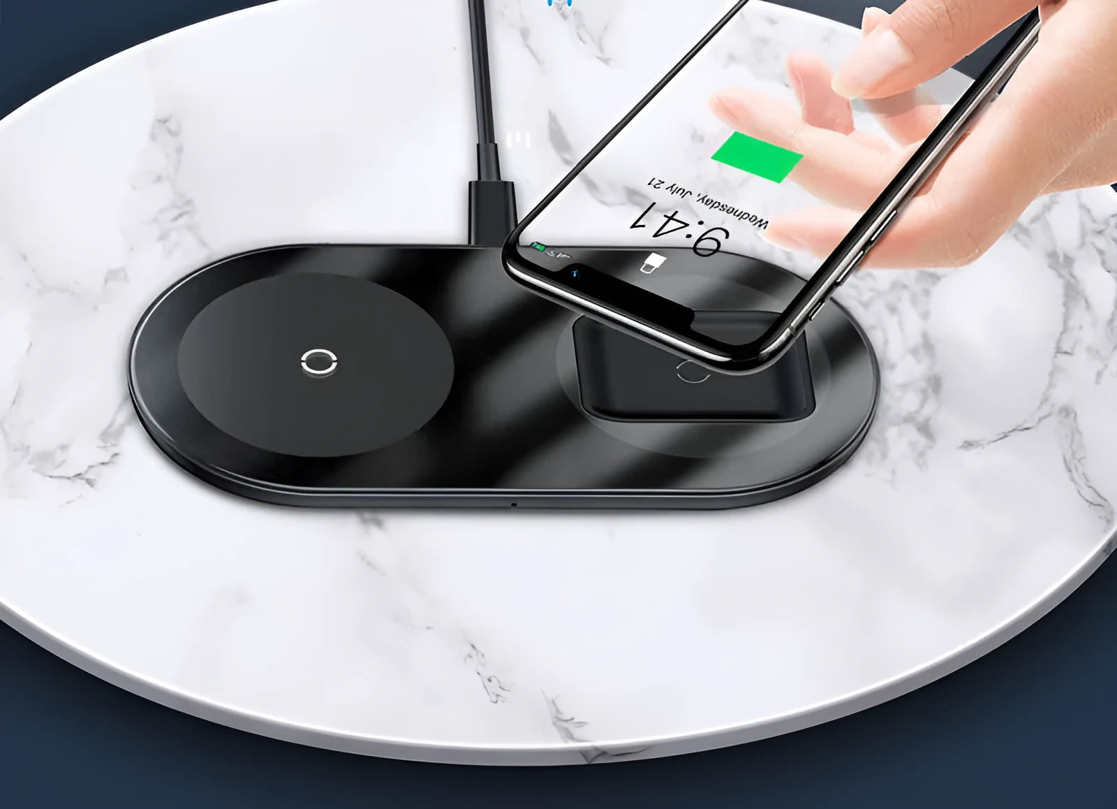 Baseus minimalist 2-in-1 wireless charger for phones and AirPods in black, transparent, and white colours