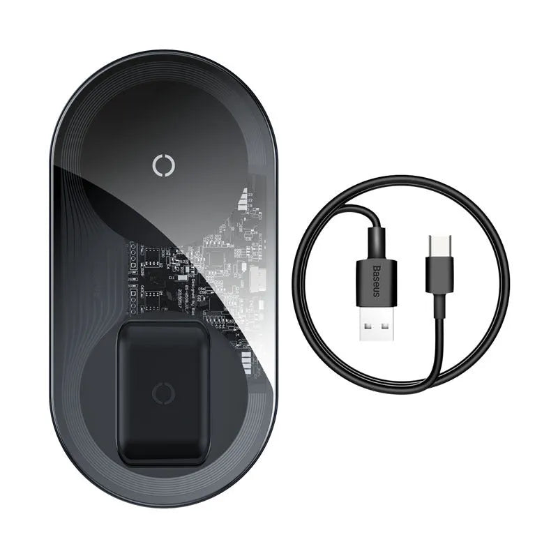 Baseus minimalist 2-in-1 wireless charger for phones and AirPods in black, transparent, and white colours