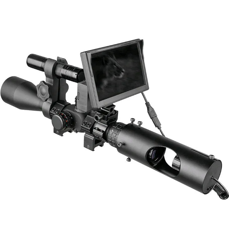 Black digital night vision goggles with 5-inch LCD screen and infrared transmitter