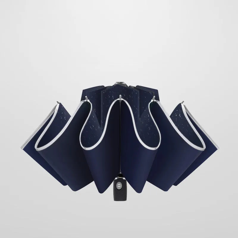Black automatic reverse umbrella shown open with reflective cloth and 10-rib construction
