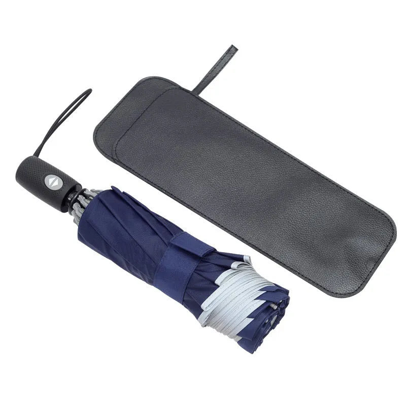 Black automatic reverse umbrella shown open with reflective cloth and 10-rib construction