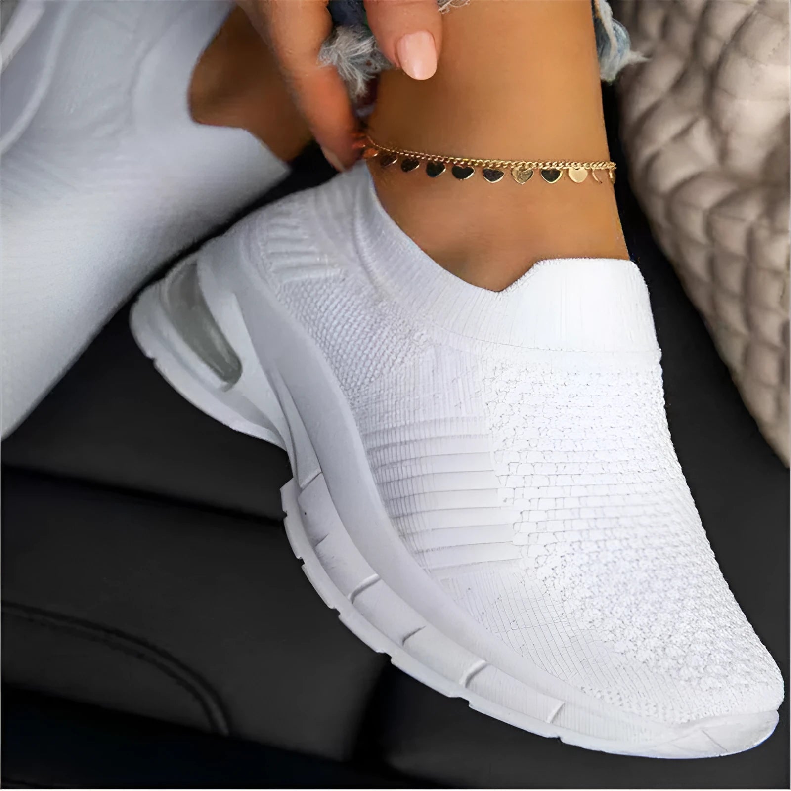 Women's white mesh sneakers with rubber sole, flat heel, and round toe for daily casual wear