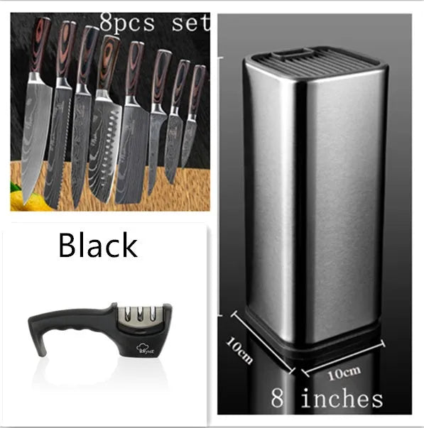 Chef knife set with 7CR17 steel blade, laser Damascus pattern, 18cm length, colour steel handle