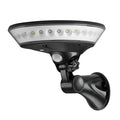 White ABS plastic 360-degree solar security light with solar panel on top, mounted on an outdoor wall.