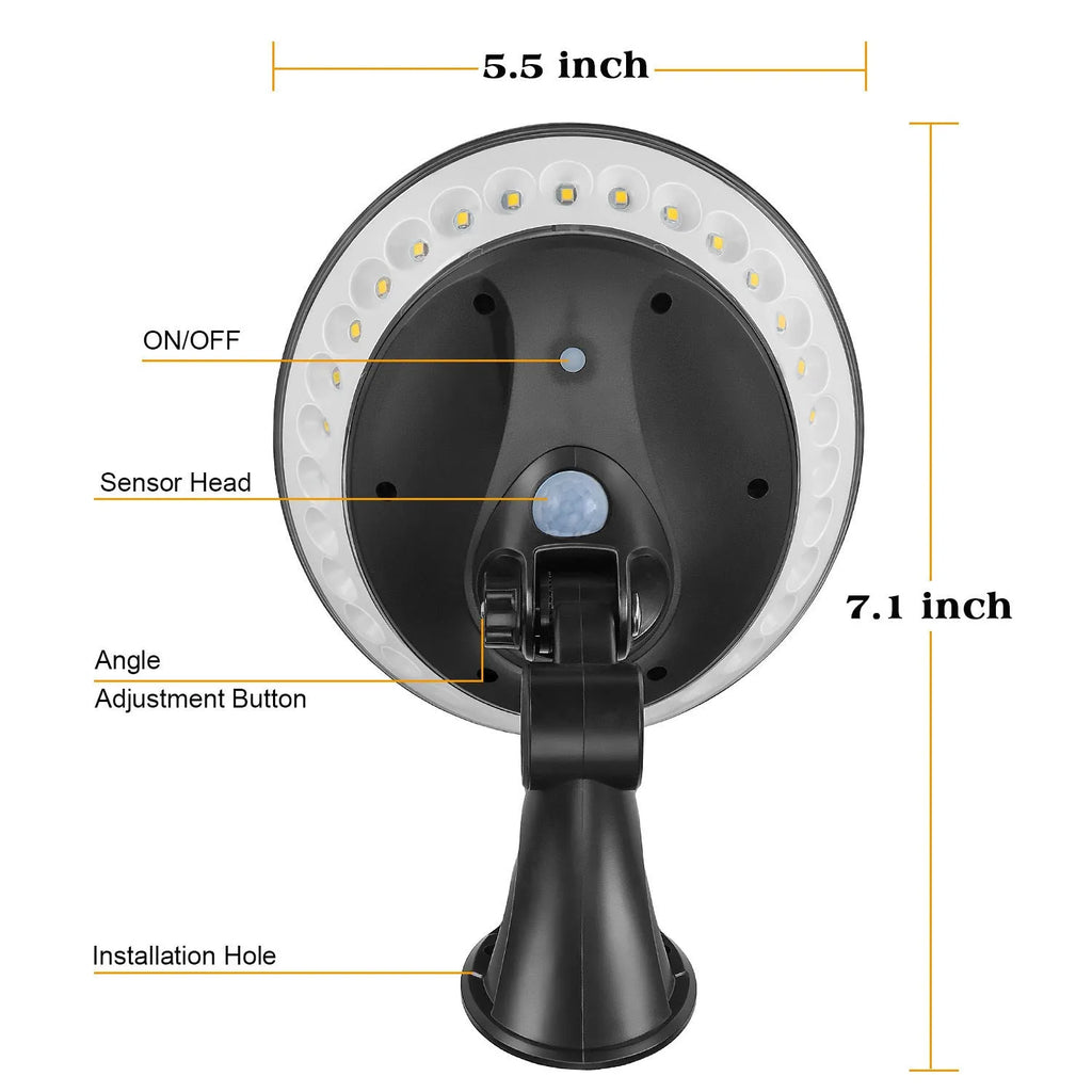 White ABS plastic 360-degree solar security light with solar panel on top, mounted on an outdoor wall.