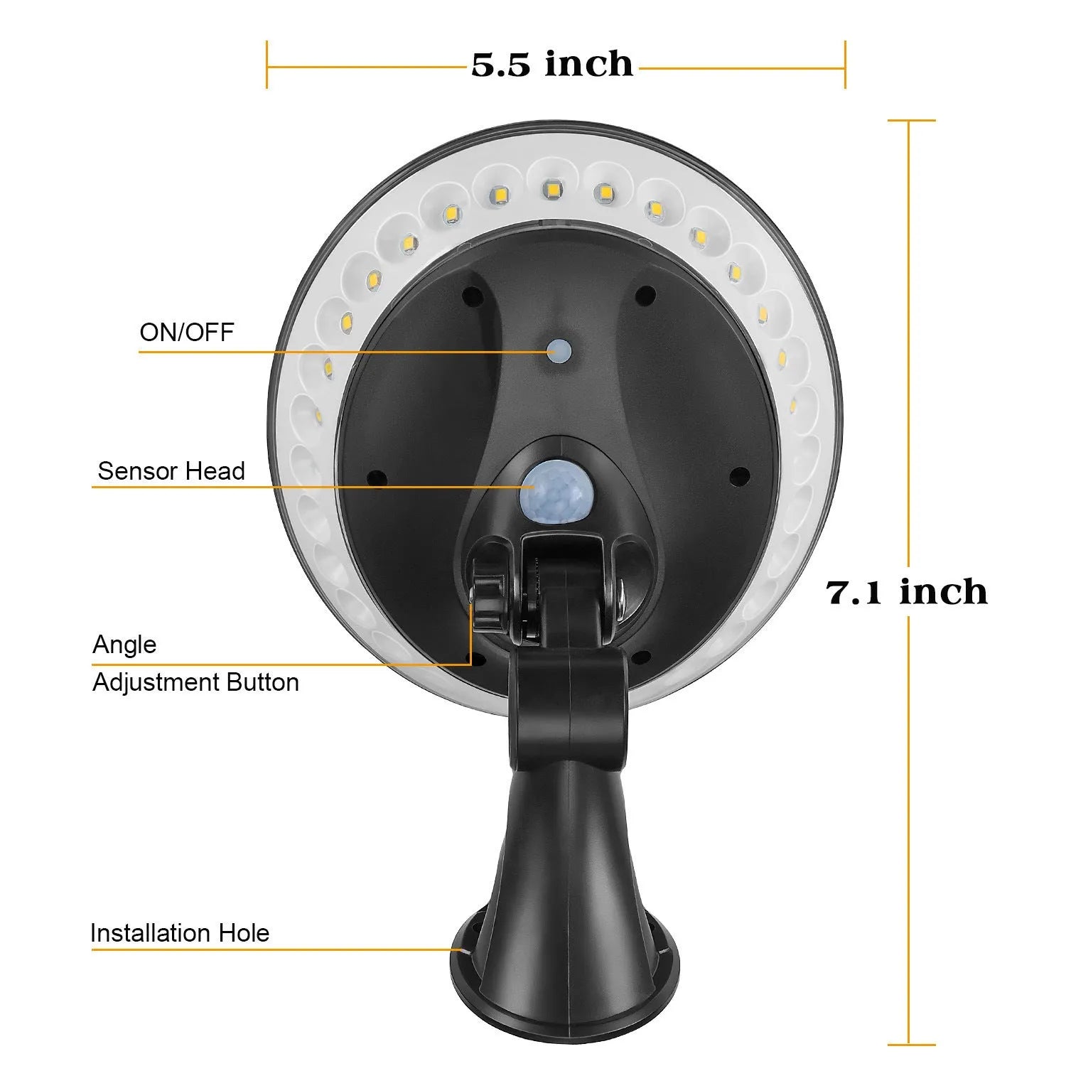 White ABS plastic 360-degree solar security light with solar panel on top, mounted on an outdoor wall.