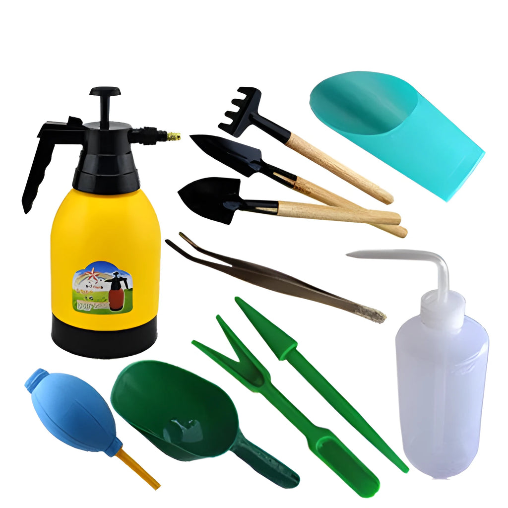 Succulent gardening tool set with tweezers, duster, small shovels, spray bottle, measuring cup, and blue seedling cloth