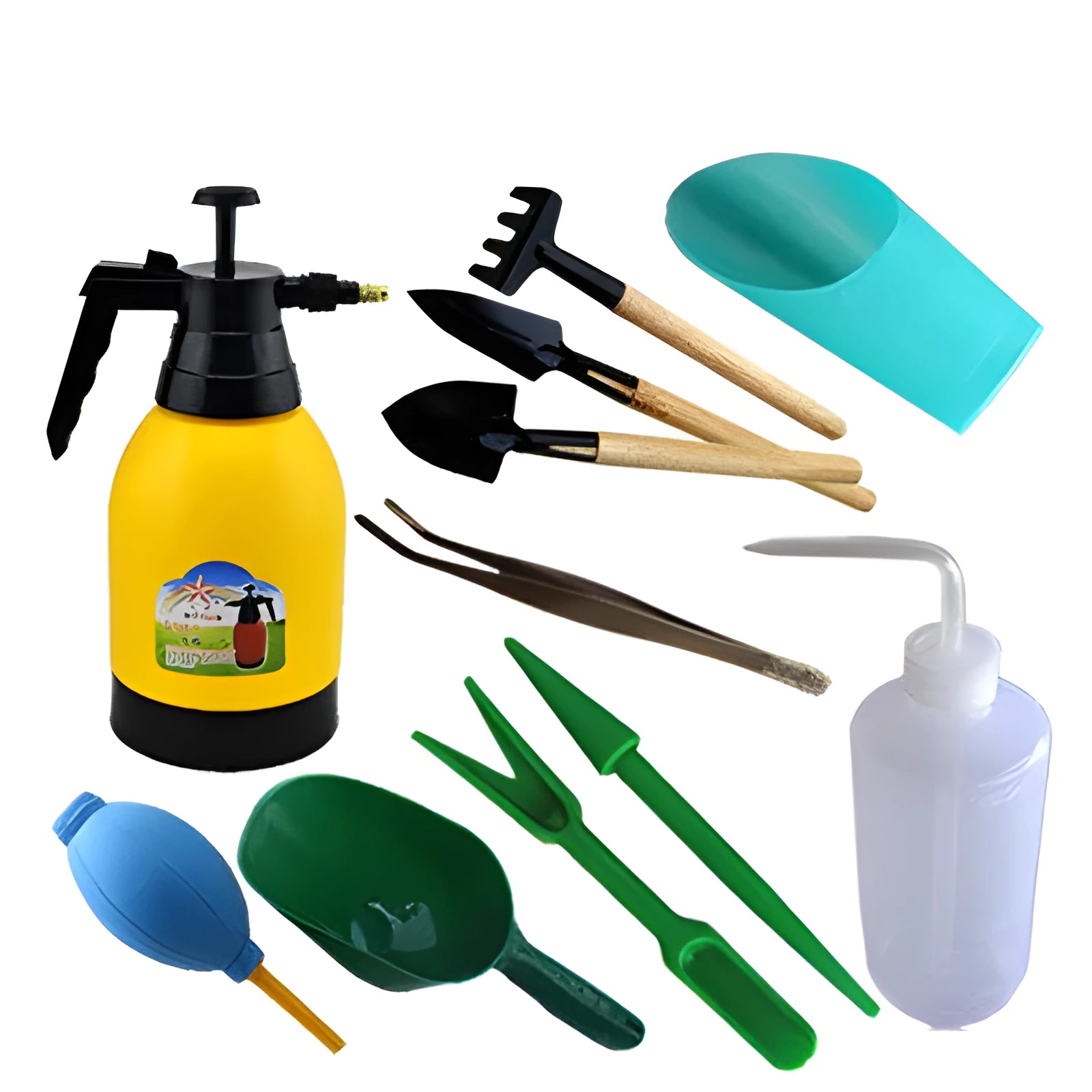Succulent gardening tool set with tweezers, duster, small shovels, spray bottle, measuring cup, and blue seedling cloth
