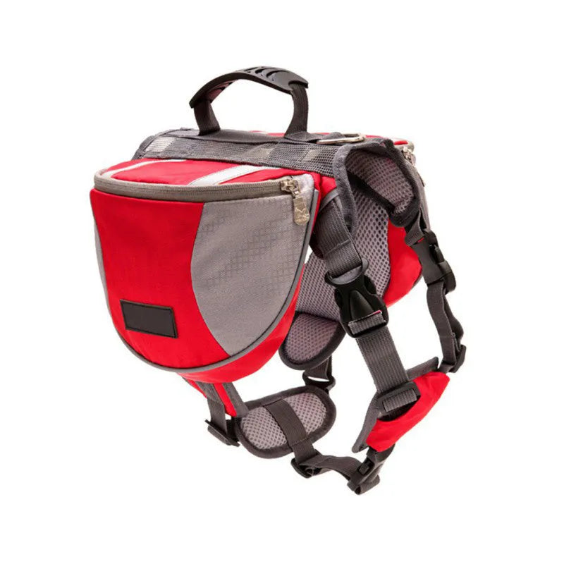 Black dog hiking pack with reflective tape and adjustable neck straps on Siberian Husky outdoors