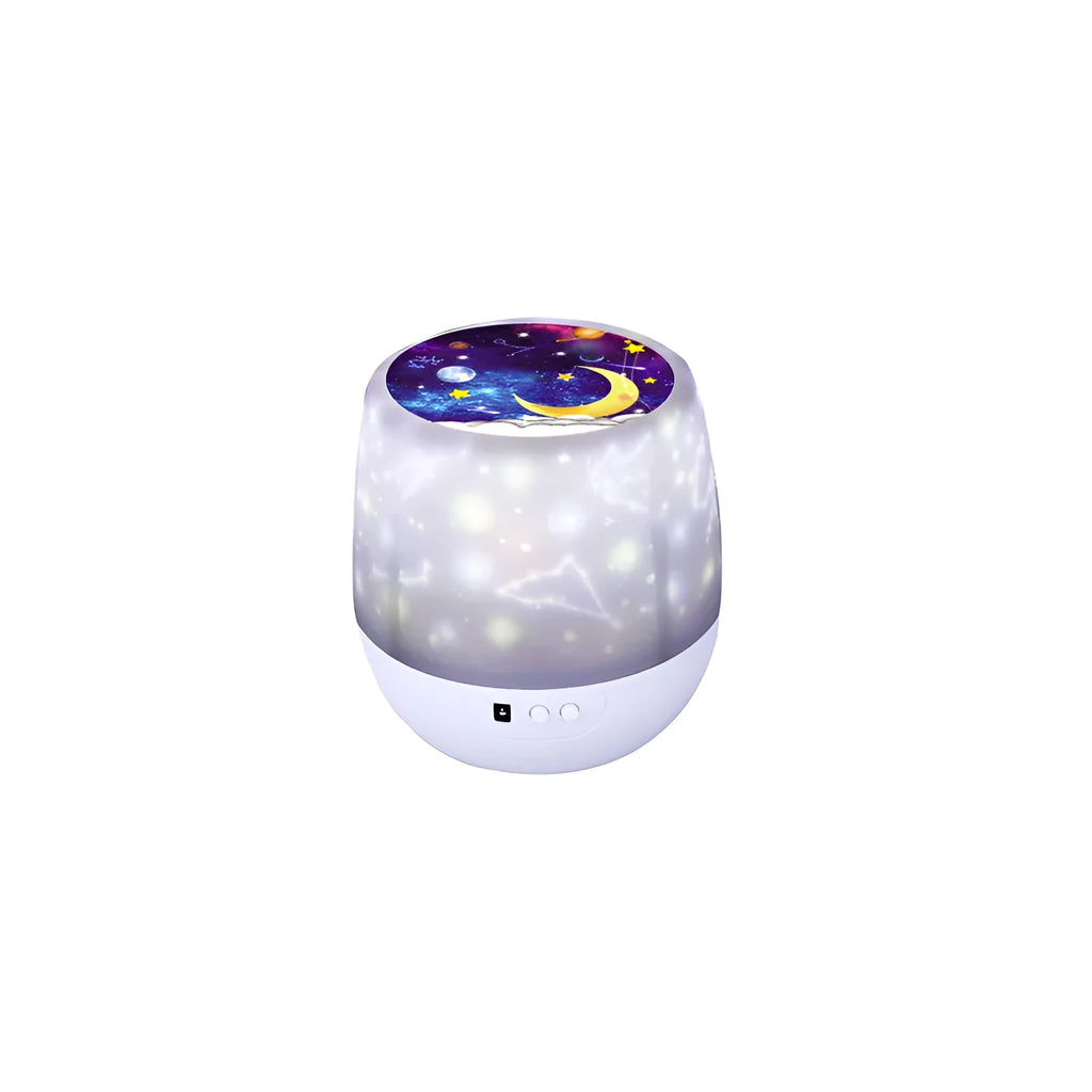 Pruixin rotating projector night light showing starry night pattern projection on a wall.