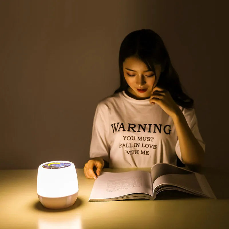Pruixin rotating projector night light showing starry night pattern projection on a wall.