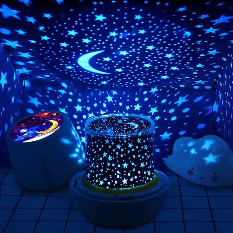 Pruixin rotating projector night light showing starry night pattern projection on a wall.