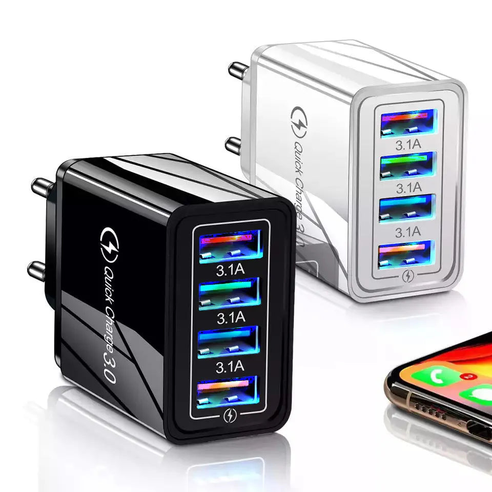 Four-port USB mobile phone charger with luminous indicator light in dark blue colour
