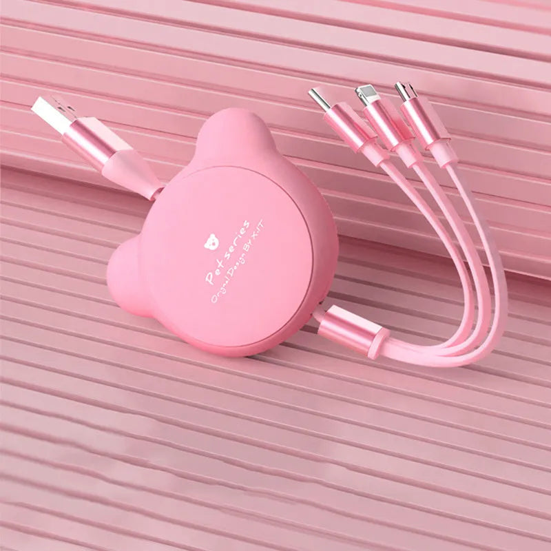 Cute telescopic bear data cable in red with retractable design and three connector heads