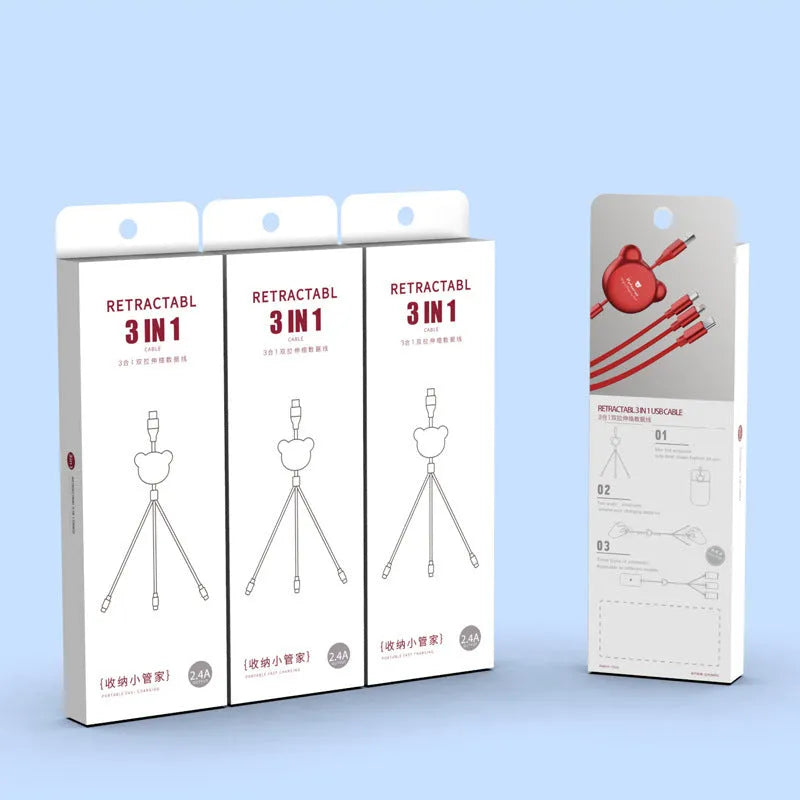 Cute telescopic bear data cable in red with retractable design and three connector heads
