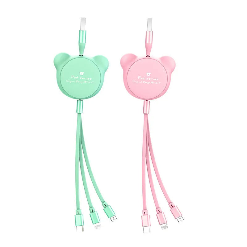 Cute telescopic bear data cable in red with retractable design and three connector heads