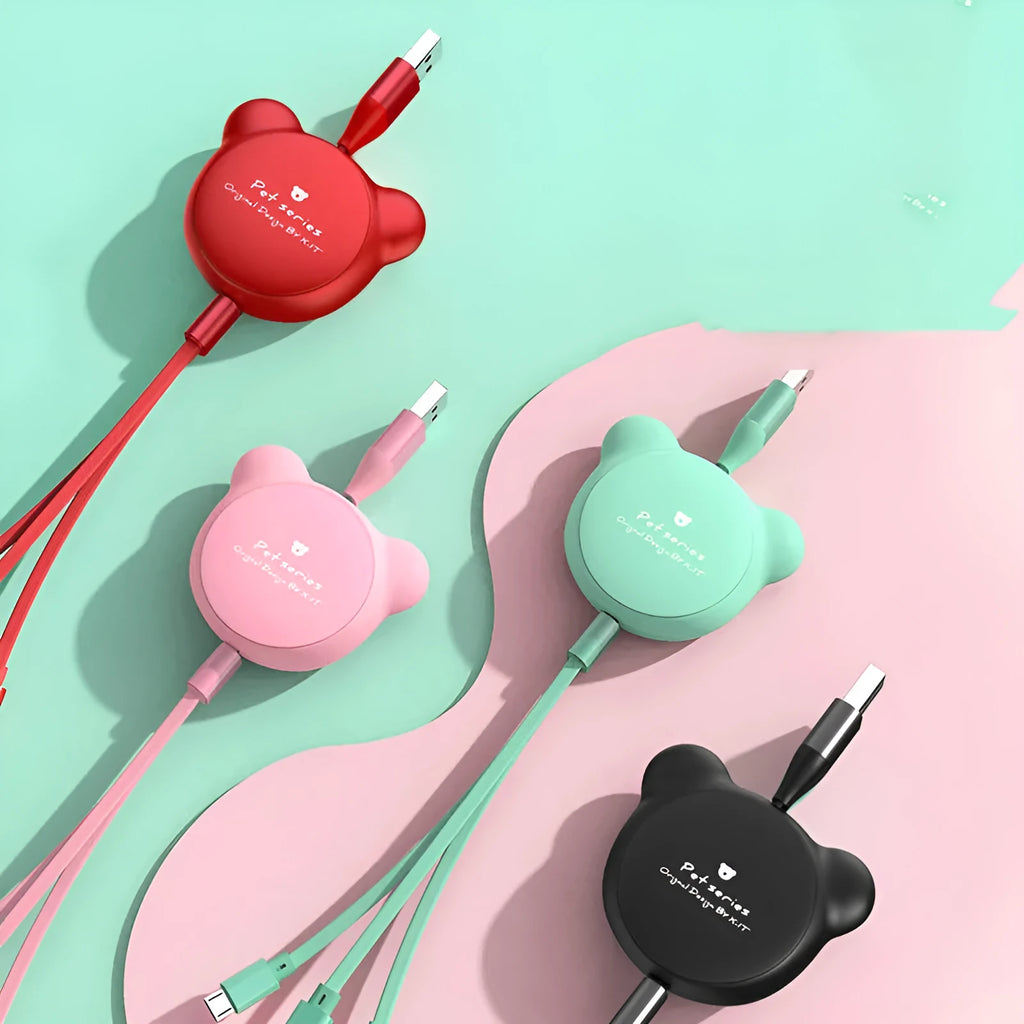Cute telescopic bear data cable in red with retractable design and three connector heads