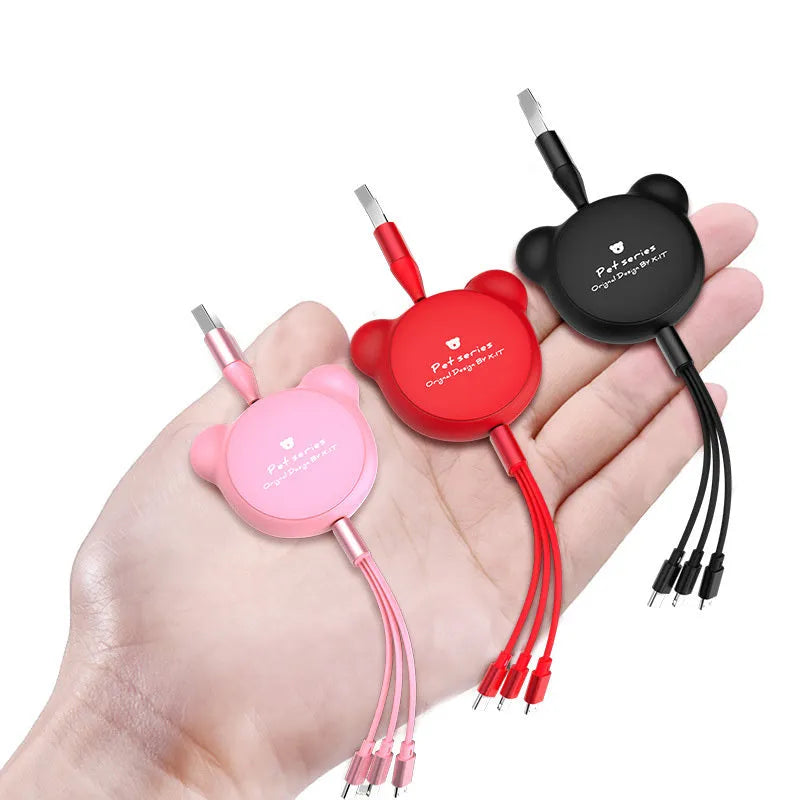 Cute telescopic bear data cable in red with retractable design and three connector heads