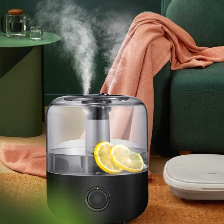White or black ultrasonic humidifier with 3 litre tank for bedroom use, showing mechanical controls and compact design