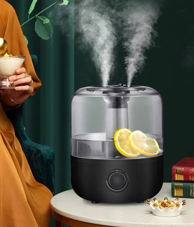 White or black ultrasonic humidifier with 3 litre tank for bedroom use, showing mechanical controls and compact design