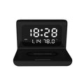 White wireless charging pad with digital clock showing time, date, temperature and humidity display.