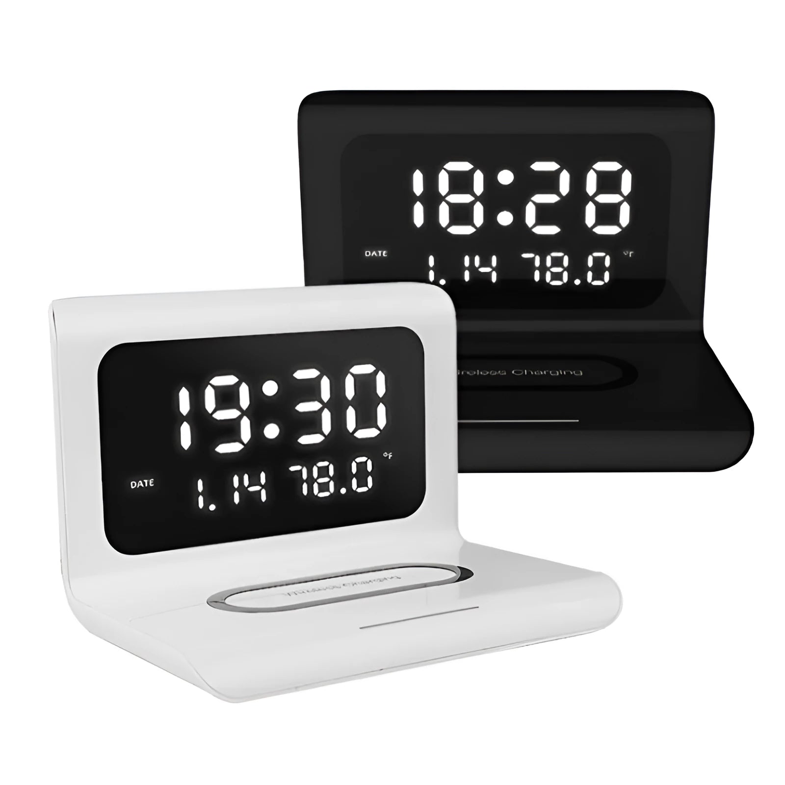 White wireless charging pad with digital clock showing time, date, temperature and humidity display.