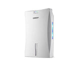 White household dehumidifier with 2.2L tank and touch screen controls on a wooden floor