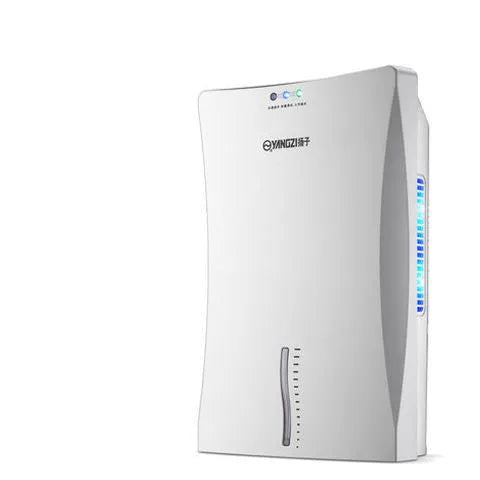 White household dehumidifier with 2.2L tank and touch screen controls on a wooden floor