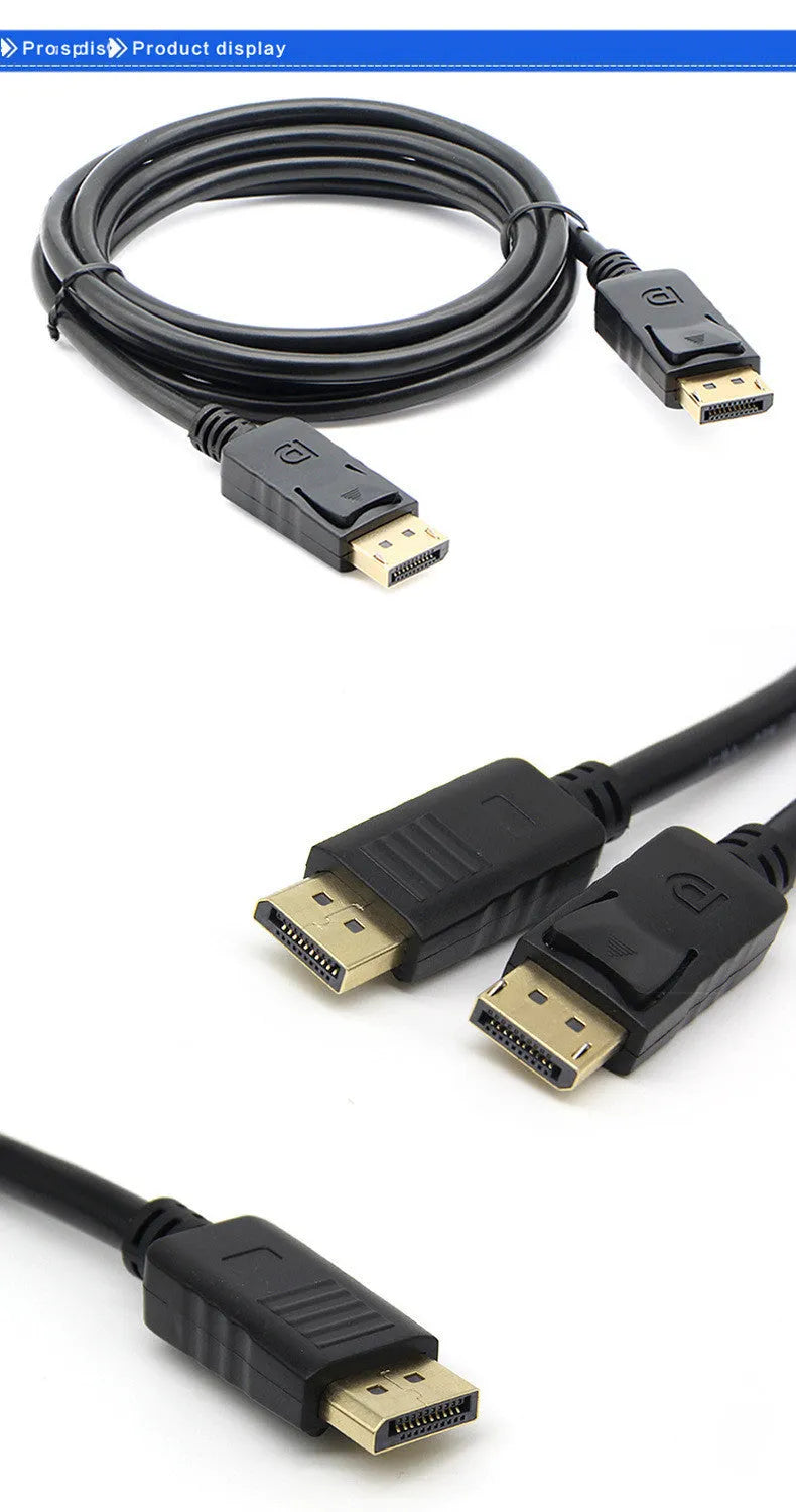 1.8m black DP male to DP male extension cable on a white background