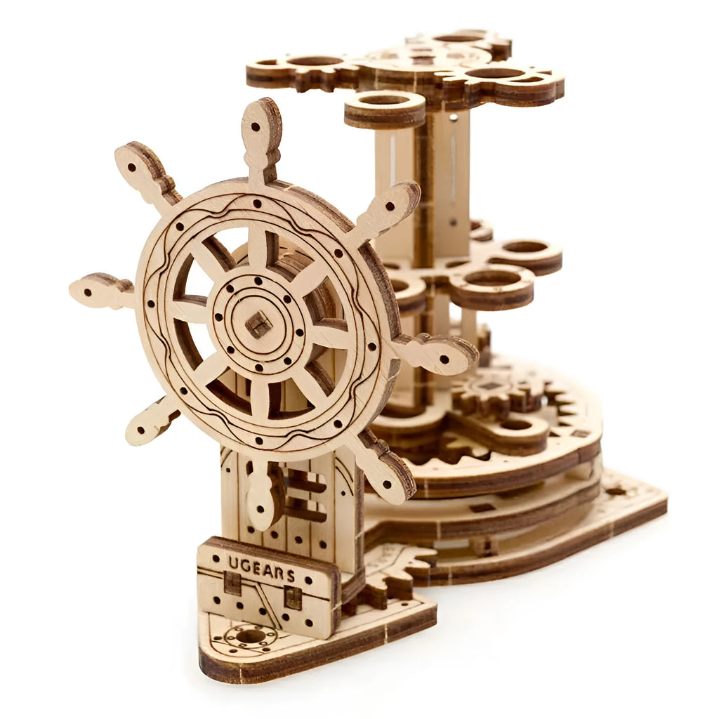 Ukrainian wooden rotating pen holder model with steering wheel on desk