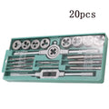 20-piece metric tap and die set with alloy steel tools and wrench for hand threading.