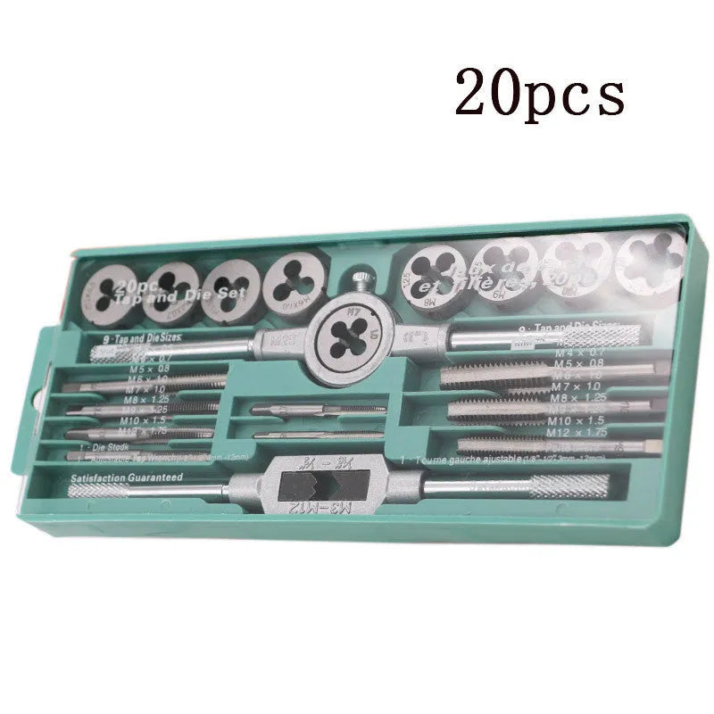 20-piece metric tap and die set with alloy steel tools and wrench for hand threading.