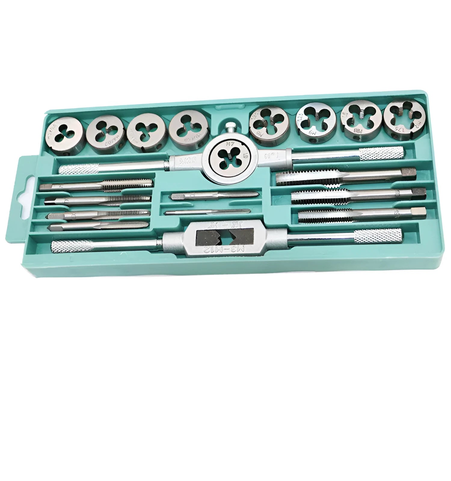 20-piece metric tap and die set with alloy steel tools and wrench for hand threading.