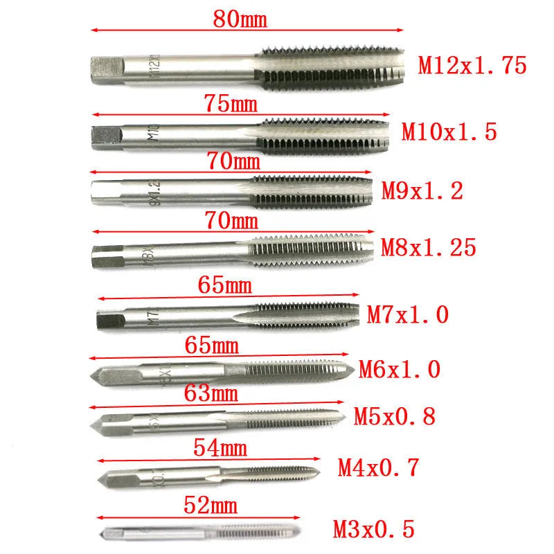 20-piece metric tap and die set with alloy steel tools and wrench for hand threading.