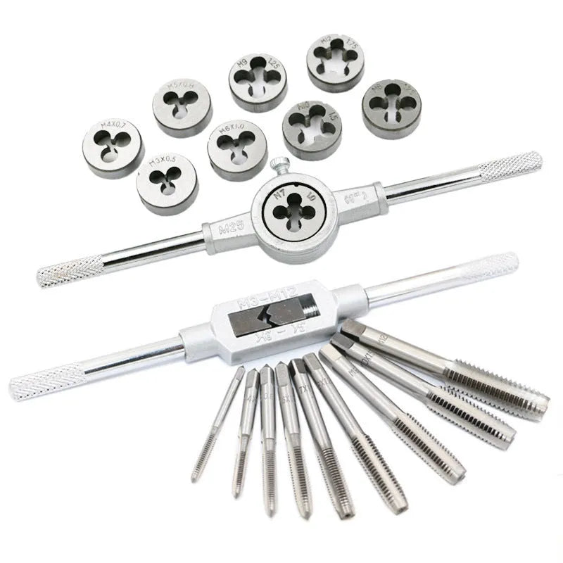 20-piece metric tap and die set with alloy steel tools and wrench for hand threading.