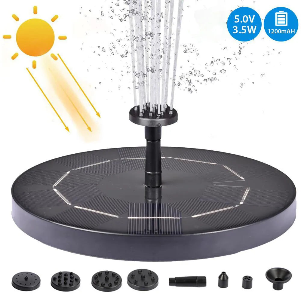 Black solar-powered floating garden fountain with multiple nozzles for birdbaths and small ponds