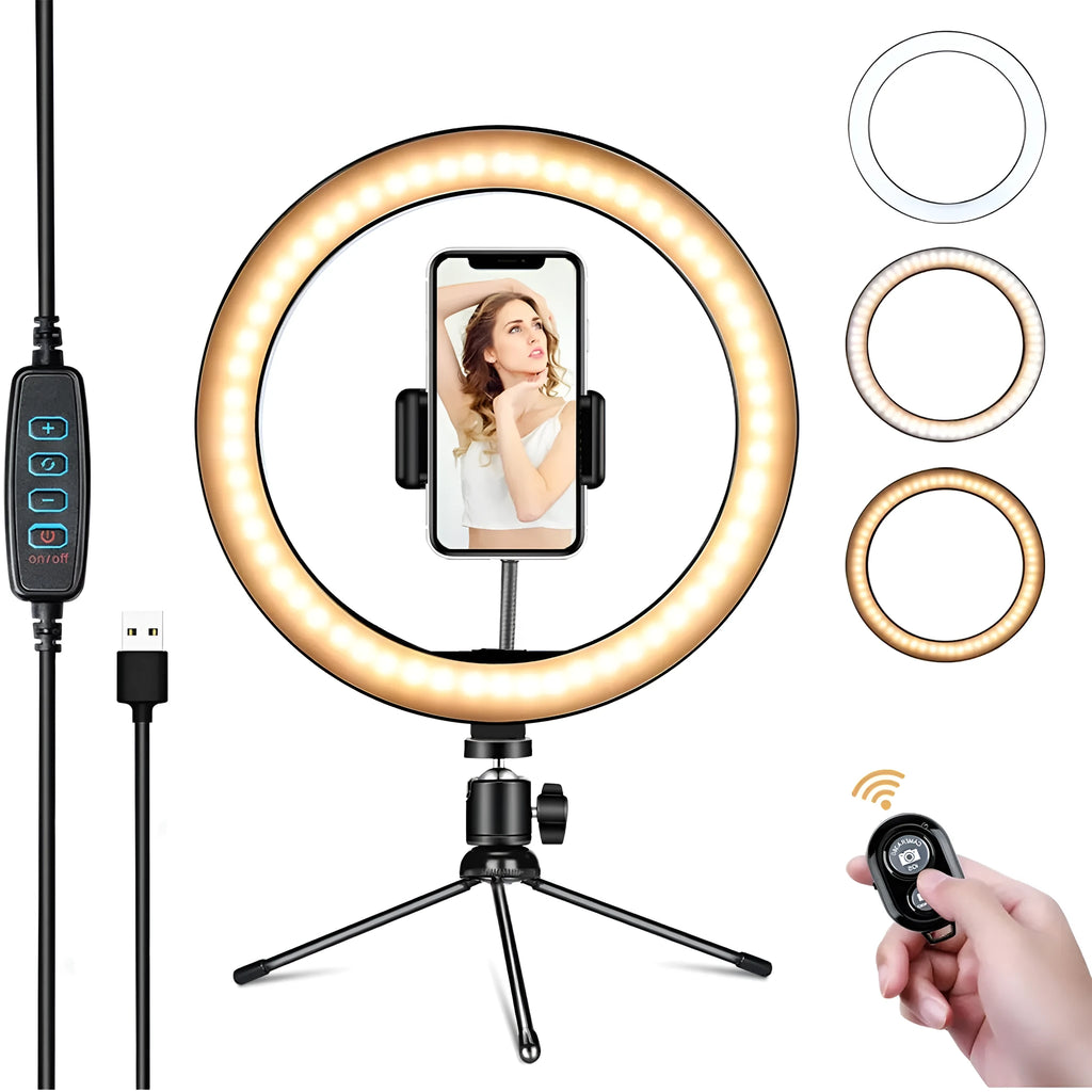 White metal desktop bracket fill light with 10 inch 26cm arc, Bluetooth remote control, and desktop tripod for mobile phone use