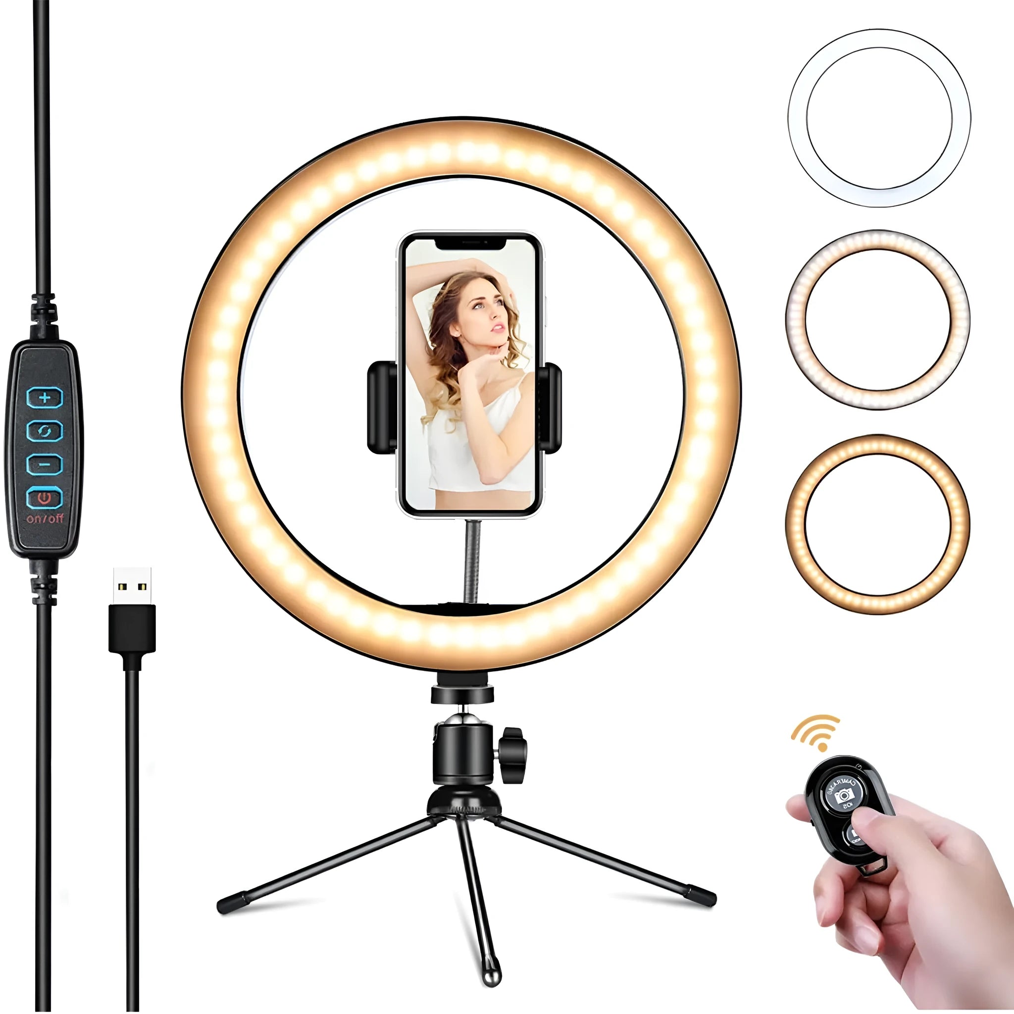 White metal desktop bracket fill light with 10 inch 26cm arc, Bluetooth remote control, and desktop tripod for mobile phone use