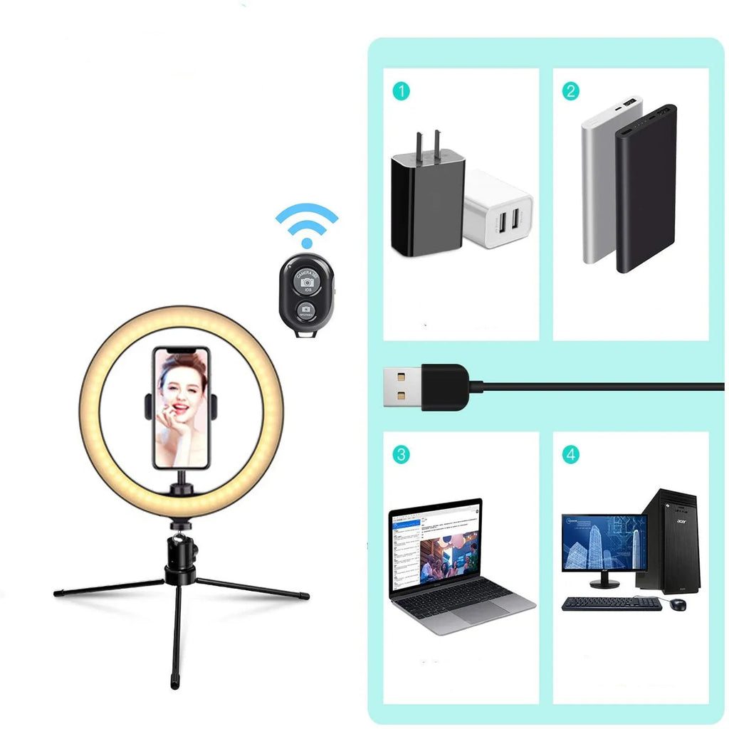 White metal desktop bracket fill light with 10 inch 26cm arc, Bluetooth remote control, and desktop tripod for mobile phone use